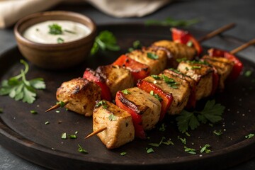 Delicious grilled chicken and vegetable skewers with dipping sauce