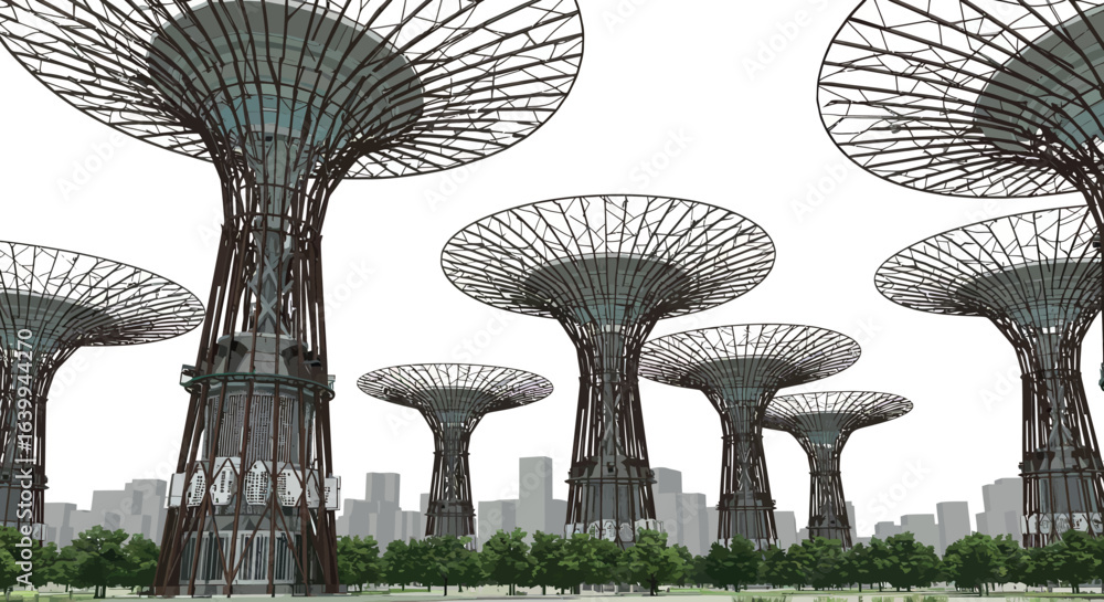 Poster futuristic tree structures in urban landscape with modern architecture