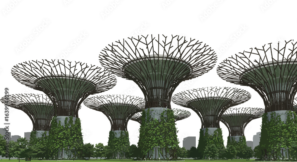 Poster futuristic urban architecture with iconic tree structures in cityscape