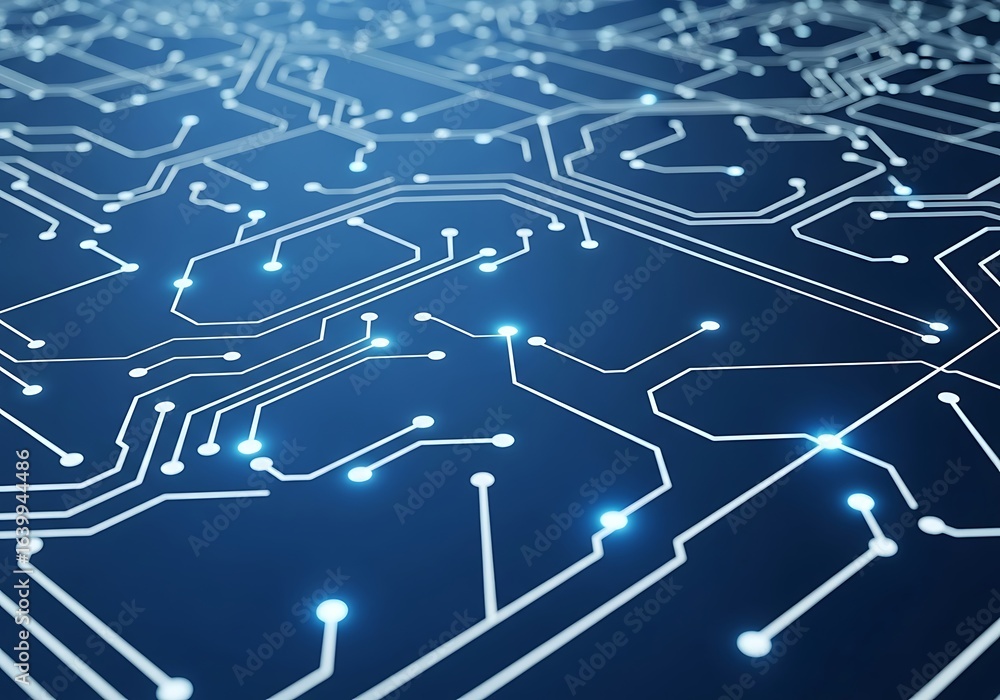 Aufkleber close up of a blue circuit board showing the intricate network of connections and pathways for elect