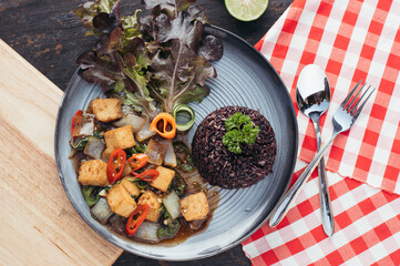 Pan Fried Tofu with Black Rice and Salad