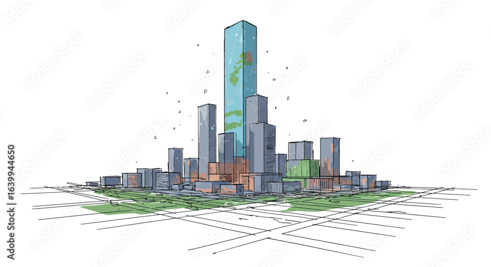 Poster futuristic urban architecture with skyscrapers and green spaces in sketch style