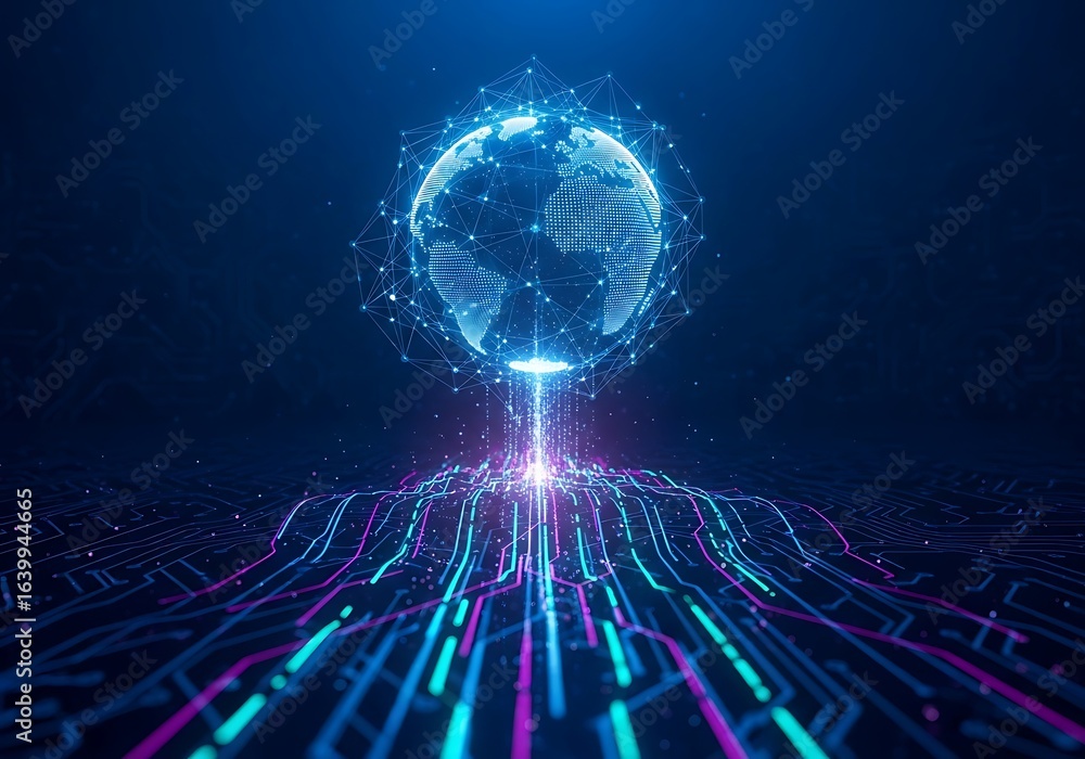 Aufkleber futuristic glowing earth with digital network connection representing artificial intelligence and mo