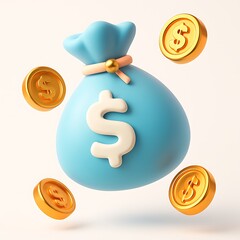 3D Blue Money Bag with Dollar Sign and Flying Gold Coin Icon
