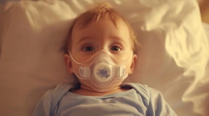 A tiny baby getting essential respiratory support while in a hospital setting, with eyes wide and showing curiosity