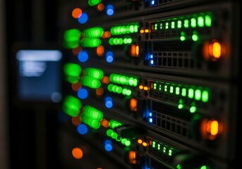 Fototapeta premium Illuminated server racks in a data center create a visually striking representation of modern technology and connectivity