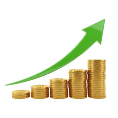 Green growth arrow over stacks of gold coins isolated on transparent background