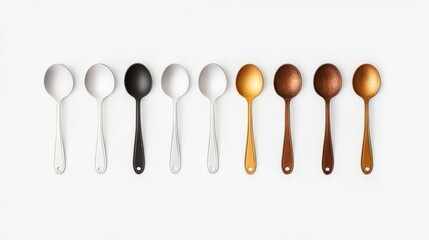 A series of diverse spoons in metallic shades perfect for culinary art and kitchen aesthetics.