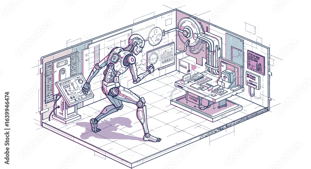 Poster futuristic robot testing in high tech laboratory environment