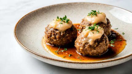 Three delicious meatballs topped with melted cheese and herbs, with rich brown sauce, on a white plate