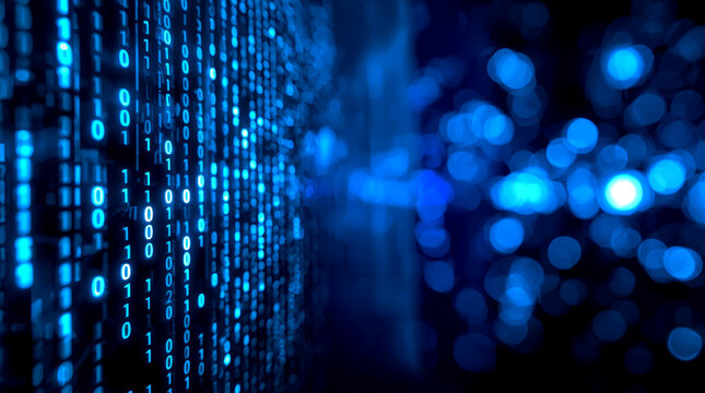 blue digital binary data on computer screen. On the left side, columns of glowing binary code in white and light blue stand out sharply on a dark blue background