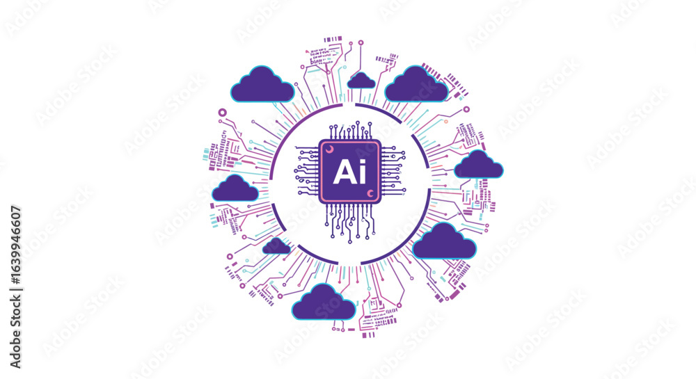 Poster artificial intelligence chip surrounded by cloud network design