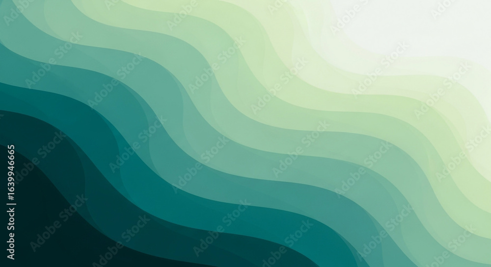 Poster abstract background with smooth, flowing waves in a gradient of blue and green colors, creating a mo