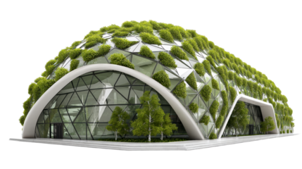 Geodesic dome building covered in lush green foliage with glass panels