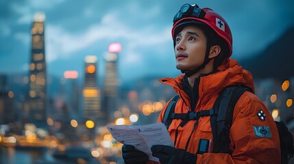 Focused paramedic in orange uniform examining emergency notes against city skyline