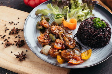 Black Pepper Chicken Stir Fry with Black Rice and Salad