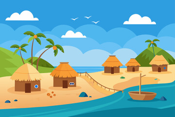 Fototapeta premium A beautiful summer landscape with a tropical island village and beach houses on the sea under a sunny sky