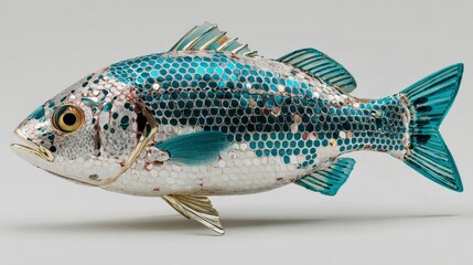 Lifelike 3D fish sculpture in brushed silver with teal accents on a minimal background