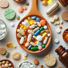 There is a wooden spoon with tablets, capsules, and vitamins on a white background.There is a bottle and a variety of vitamins nearby.