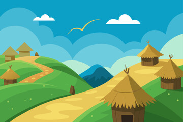 Fototapeta premium Vector illustration of a summer countryside landscape with green hills, a village, and mountains under a blue sky with clouds