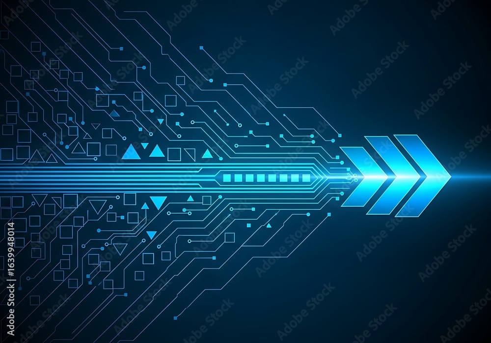 Poster futuristic technology arrow pointing towards the future representing digital transformation and inno