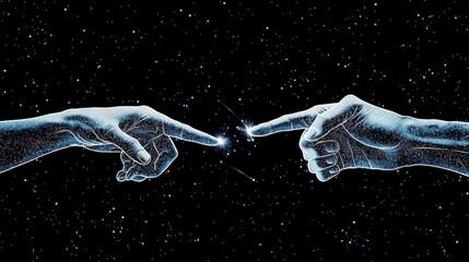 A cosmic illustration depicting two hands reaching toward each other, symbolizing connection and creation.