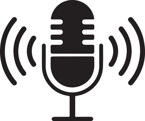 Simple black and white microphone icon showing sound wave emission for communication