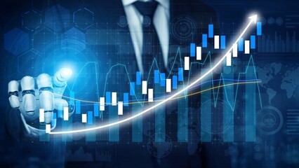 A businessman interacts with a digital interface showcasing stock market data, highlighting trends and growth, symbolizing successful investment and financial strategies. Copula