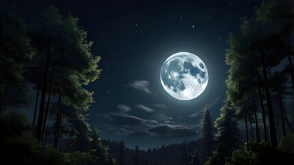 Full moon night in a dark forest