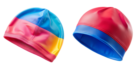 3D Render of Two Colorful Swim Caps Isolated on Transparent Background, Swim Cap Design, Swimming Accessories, Swim cap, 3D rendering, Transparent background