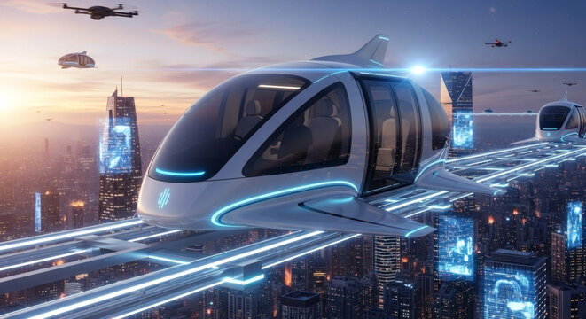 Futuristic cityscapes with autonomous aerial vehicles and elevated transit pods.