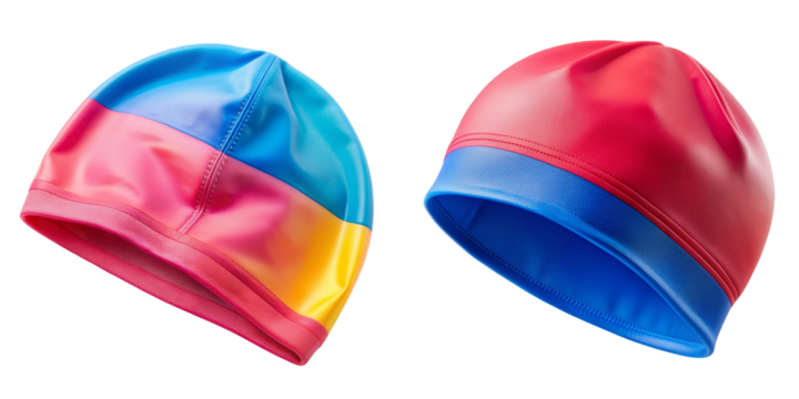 3D Render of Two Colorful Swim Caps Isolated on Transparent Background, Swim Cap Design, Swimming Accessories, Swim cap, 3D rendering, Transparent background