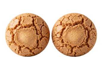 Three perfectly round Italian amaretti cookies, cracked light golden-brown with sugar dusting and intricate surface cracks, isolated on a transparent background, ultra-photorealistic UHD product