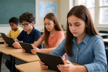 Students Using Tablets in a Modern Classroom – AI Generated Educational Technology Scene
