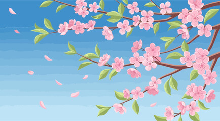 Obraz premium Pixel art illustration of delicate pink cherry blossoms with falling petals against a soft blue sky, evoking a sense of spring and natural beauty