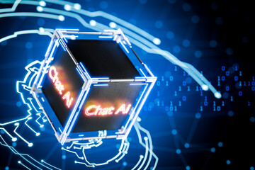 Concept of online chat with artificial intelligence against the background of future technologies. Evolution of chat support. Development of AI chatbots. AI chat. 3d render.