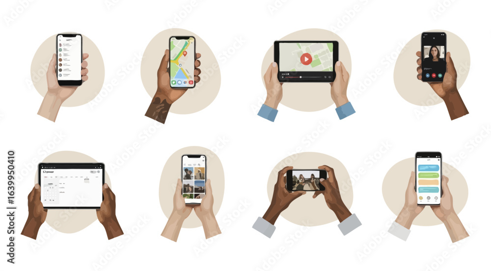 Poster collection of hands holding various mobile devices and tablets displaying different applications and