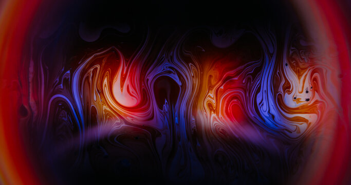 Dye swirl defocused. Bright emulsion blend. Red violet oil liquid curl on black water. Abstract arch frame colorful ink glow neon background.