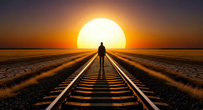 A person walking on a railroad track towards the sun in a desert landscape at sunset time scene