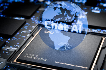 Evolution of chat support. Chat AI. Microchip with the inscription chat AI. Artificial intelligence to help people. Development of AI chatbots. 3d render.