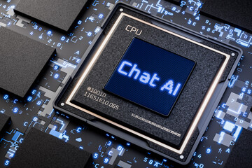 Communication with online chats of artificial intelligence. Inscription on the matrix display chat AI. Concept of online chat with AI. Evolution of chat support. Chat AI. 3d render.