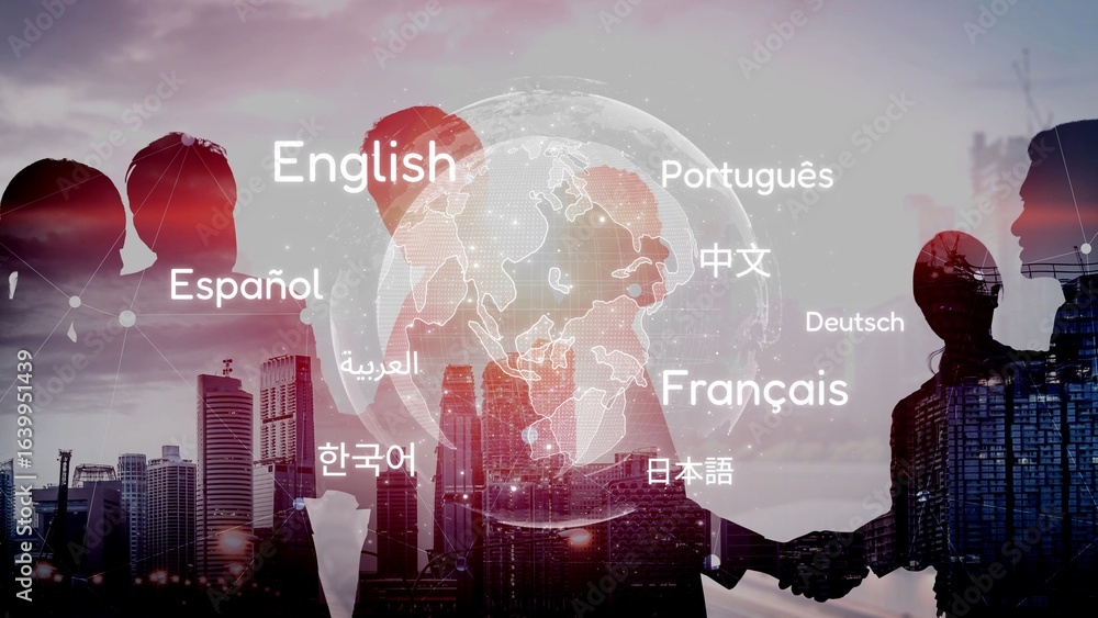 Poster global communication with multiple languages, digital translation tools, multilingual technology, cr
