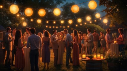 Evening Garden Party: Illuminated Lanterns, Social Gathering, Elegant Celebration.