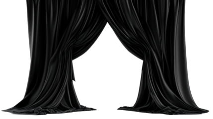 Draped black satin theatre curtains parting on white