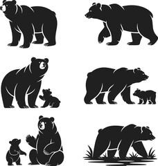 bear silhouette vector, walking bear pose, sitting bear with cub, wildlife animal shapes, nature illustration, black bear family, forest creature art, mammal behavior design.