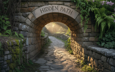 Stone archway with hidden path and sunbeams stone path