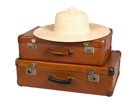 Vintage suitcase in warm tones with latches and metal corners, topped with isolated on a transparent background.