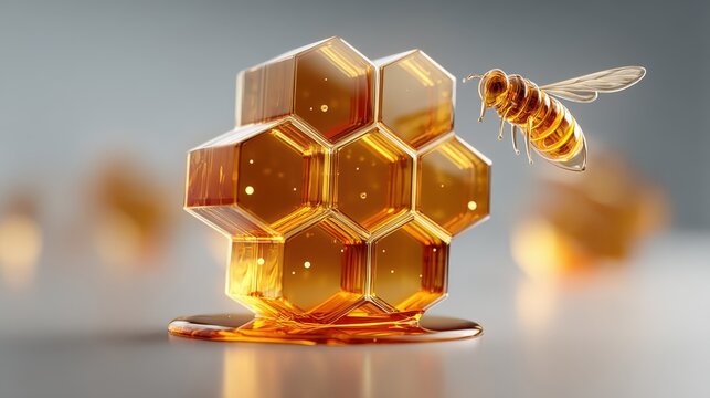 Glossy amber honeycomb design with hovering bee and purity gauge - Powered by Adobe