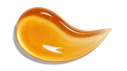 Peach-colored skincare serum drop with a glossy sheen, moisturizing gel-like texture on white background. Transparent background
