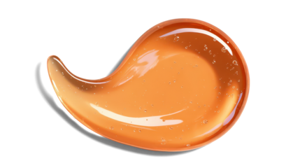Peach-colored skincare serum drop with a glossy sheen, moisturizing gel-like texture on white background. Transparent background